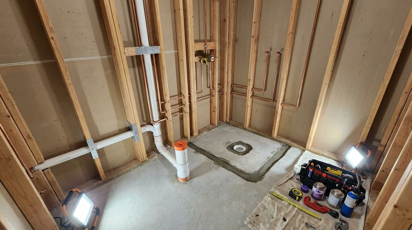 Bathroom rough-in plumbing during remodel by Johns Plumbing LLC in Paw Paw