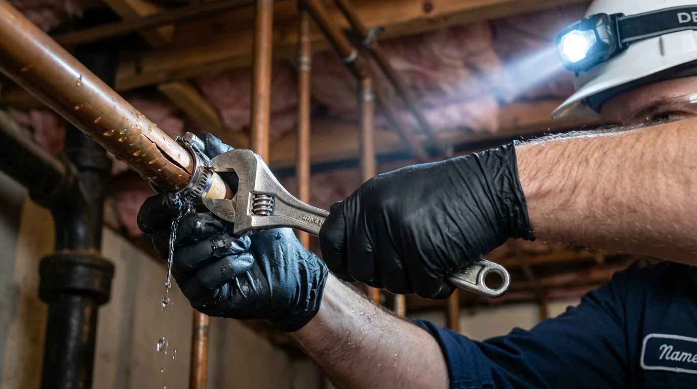 Emergency pipe clamp repair being performed by a Johns Plumbing LLC plumber in Paw Paw