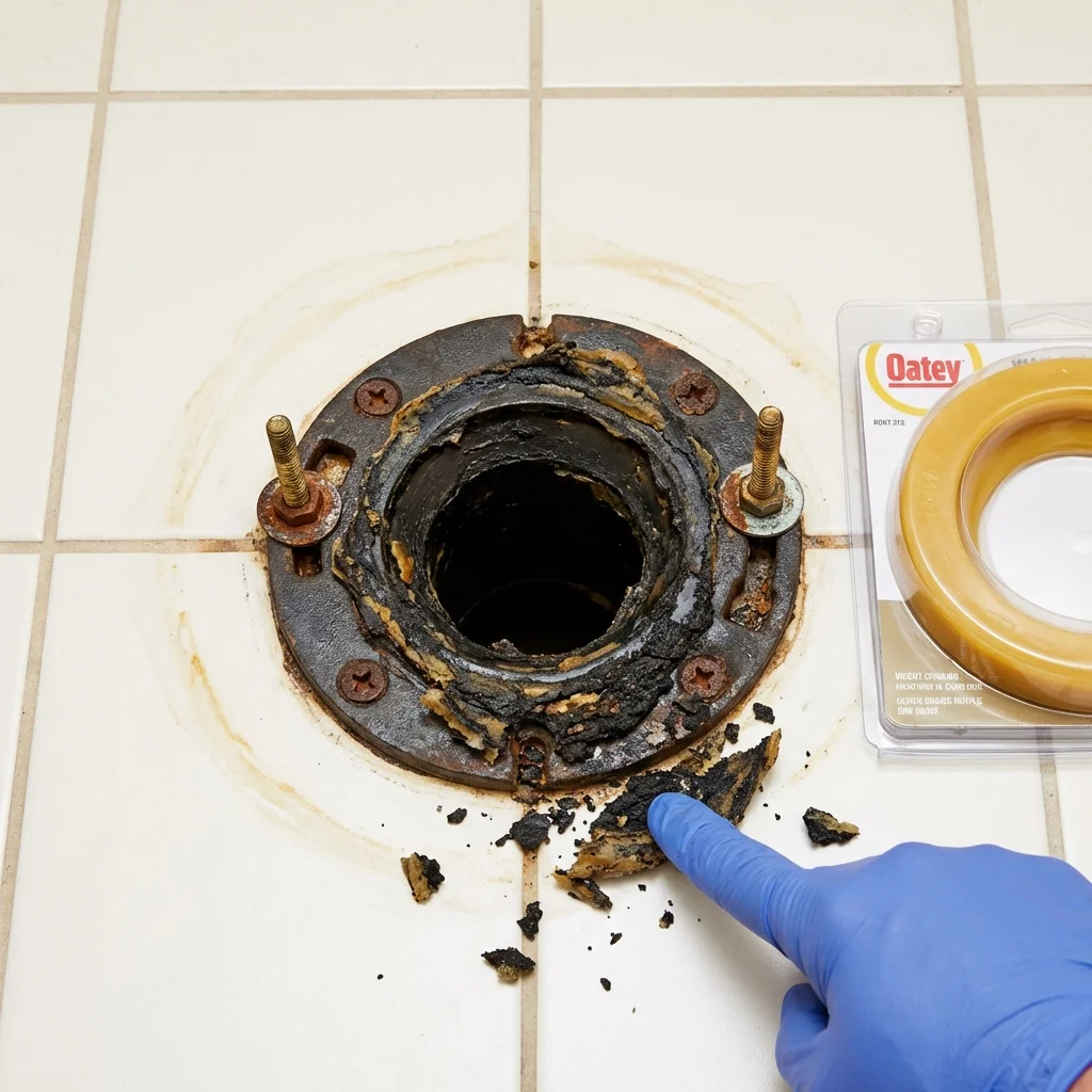 Failed wax ring showing water seepage at the base of a toilet in a Paw Paw, MI home