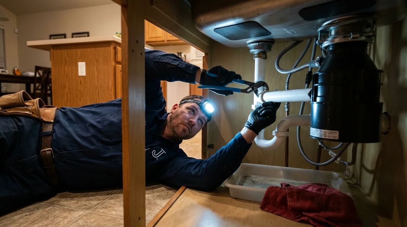 P-trap and supply line connections under a kitchen sink showing a common leak point in Paw Paw, MI